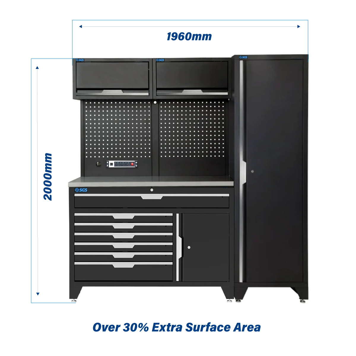SGS 7pc Modular Garage Storage | Deeper Stainless Steel Double Worktop | 7 Drawers | 3x Lift‑Up Wall Cabinets | Deep Tall Single Cabinet | Pegboard with Power Strip
